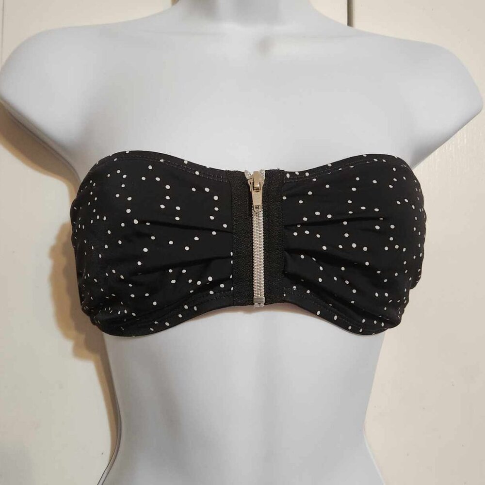 S HURLEY Black and White Poka Dot Zipper Front Bandeau Tie Back Swim Top Y2K